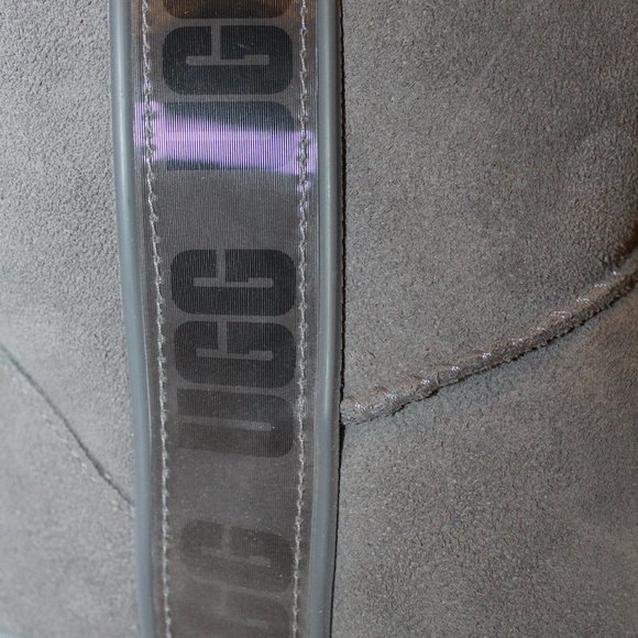 NIB UGG MINI‎ LOGO SUEDE SHEARLING LINED ANKLE BOOTS GRAY 9 - Picture 2 of 7